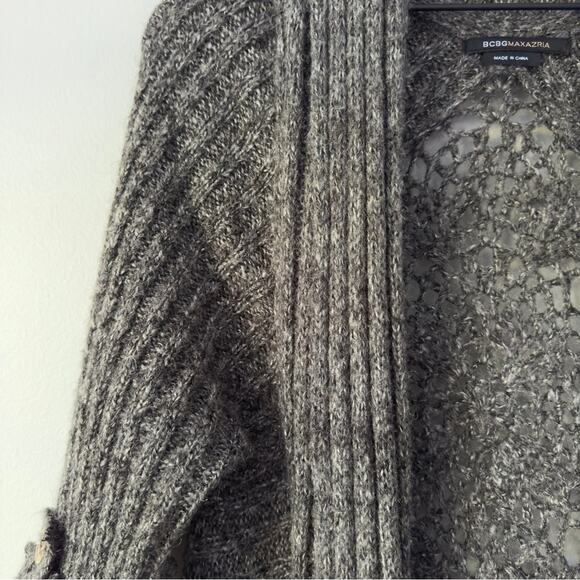 BCBGMaxAzria Long Tunic Cardigan Sweater Cuffed Sleeves Crochet Knit Ribbed EUC - Picture 5 of 14